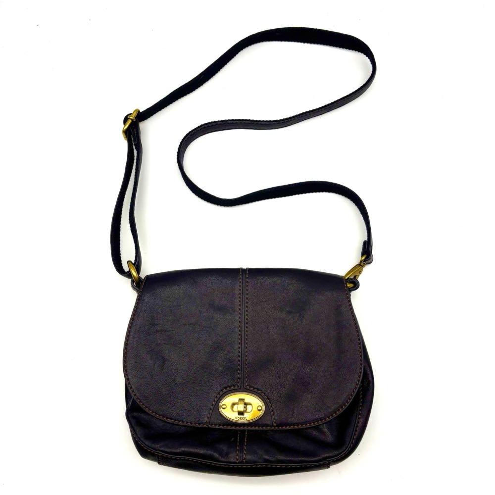 Vintage Y2K Fossil Brown Lamb Hide Leather Turn Lock Saddle Bag Purse 9.5x7.5"